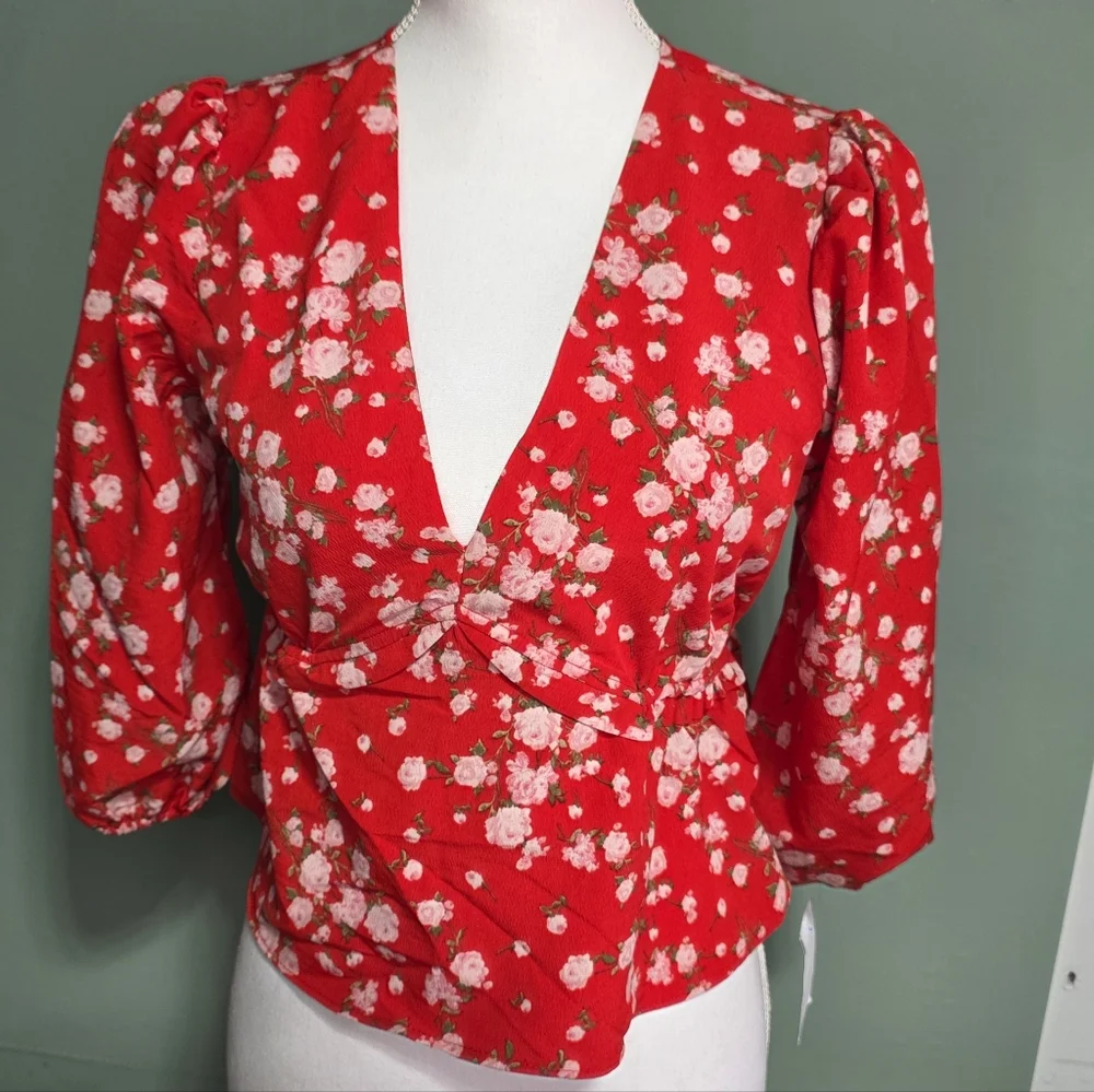 Sage The Label Blouse Women's Red and White Floral Top Size: Small - Picture 10 of 10
